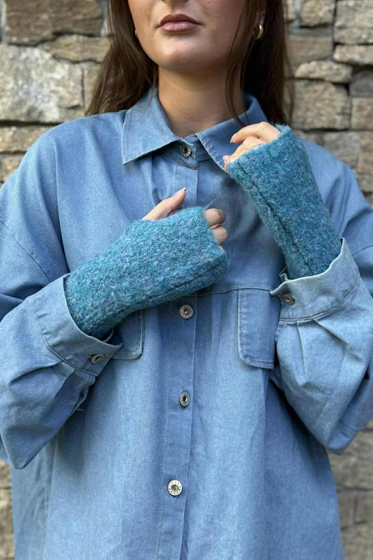 Boucle Fingerless Gloves Teal Melange
